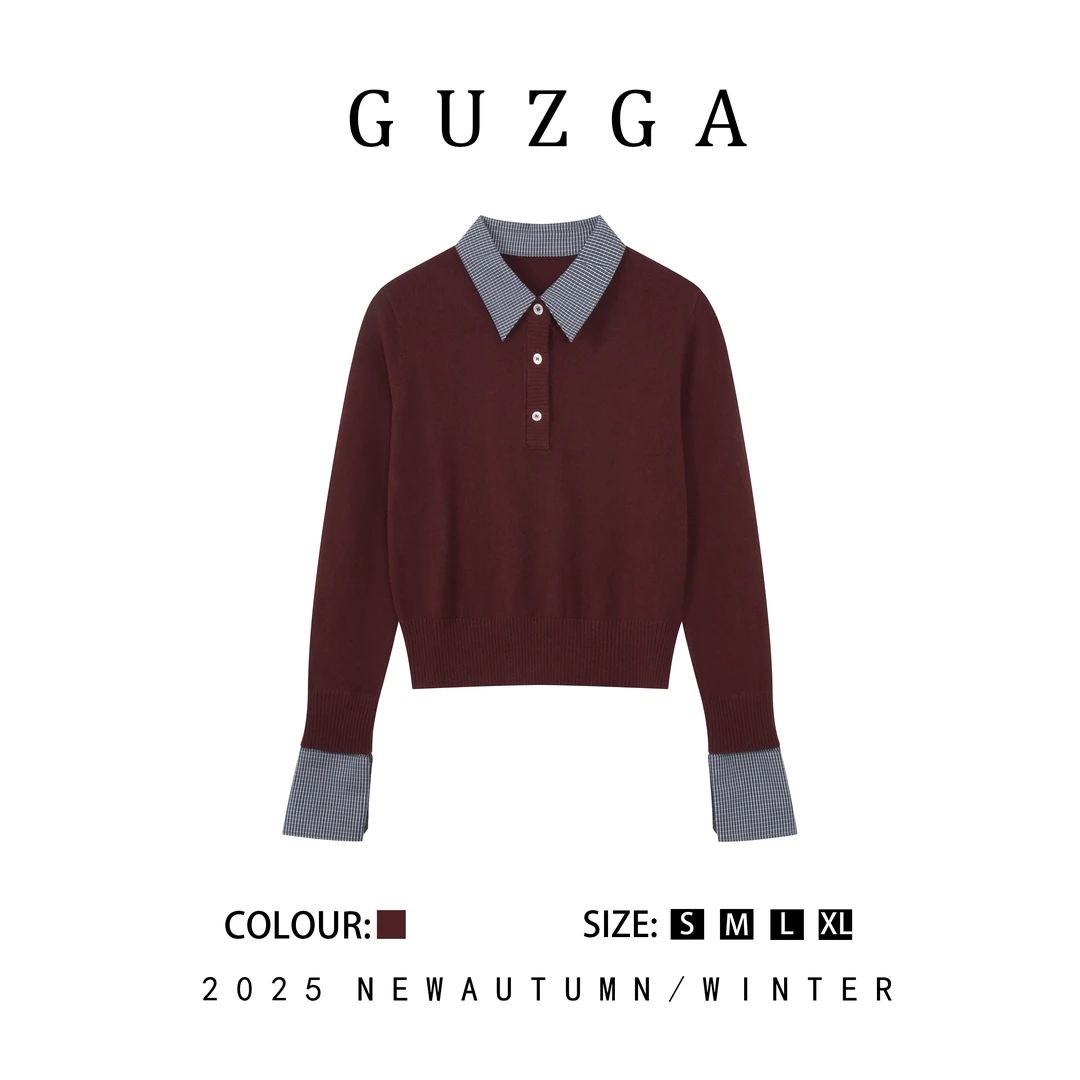 GUZGA【娥娜翩跹】2025秋季上新拼接撞色针织衫女长袖十时尚百搭