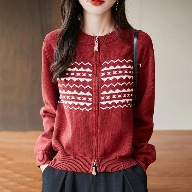 100%纯棉线不起球拉链开衫贝果复古风2025秋冬新款加厚针织外套