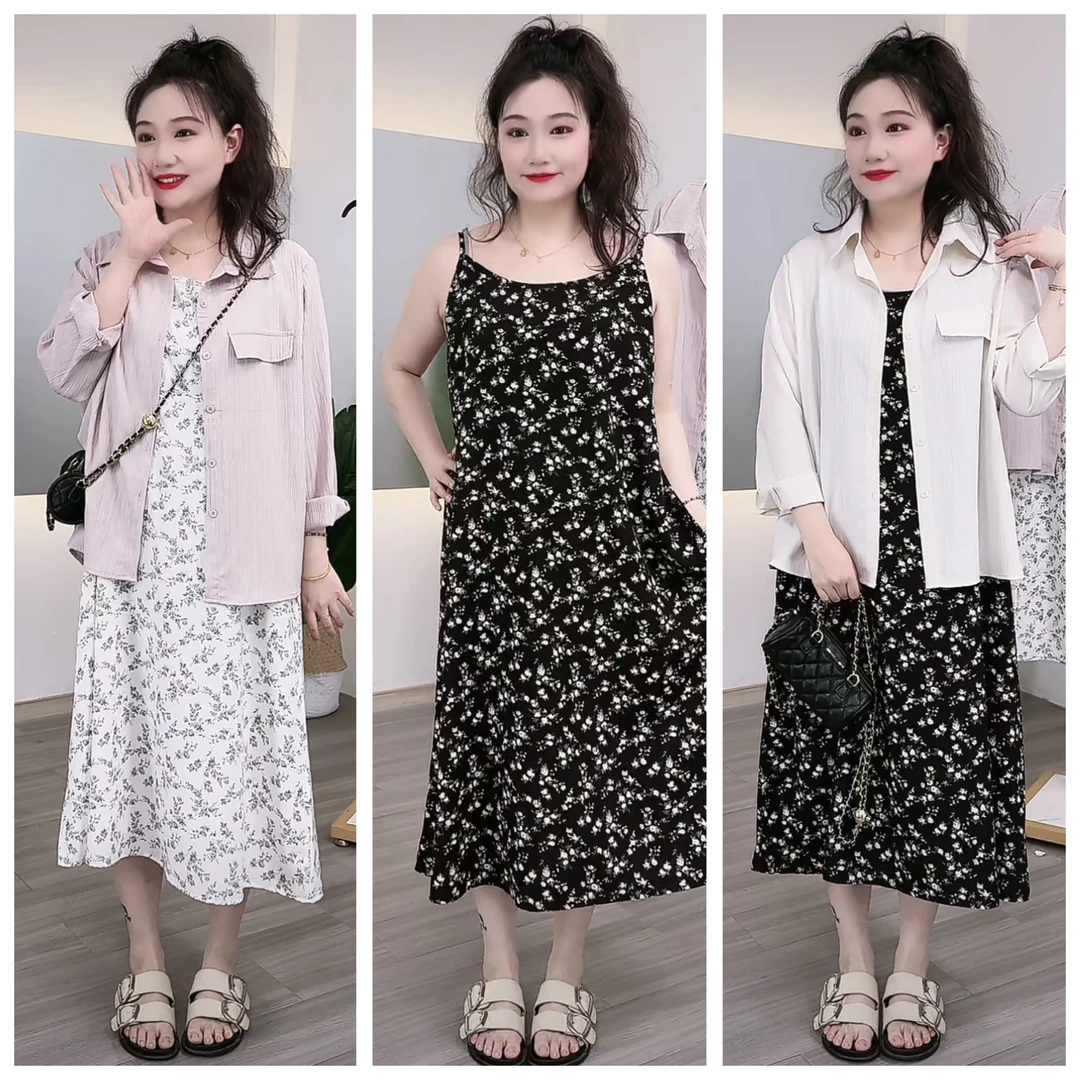 【琦琦】120-200斤大码女装胖mm夏季百搭复古碎花吊带连衣裙长裙