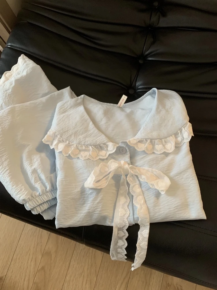 少女甜美可爱蕾丝花边蝴蝶结睡衣女春秋新款公主风长袖长裤家居服