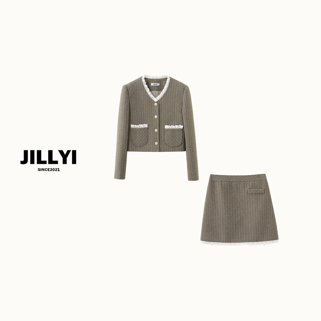 JILLYI珠海店【摩卡慕斯】褐色V领拼接蕾丝外套+中腰下摆蕾丝装饰半