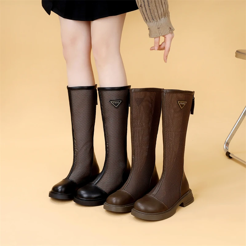 显瘦长筒透气网纱马丁靴女款2025年夏季新款百搭网靴【跟高3cm】