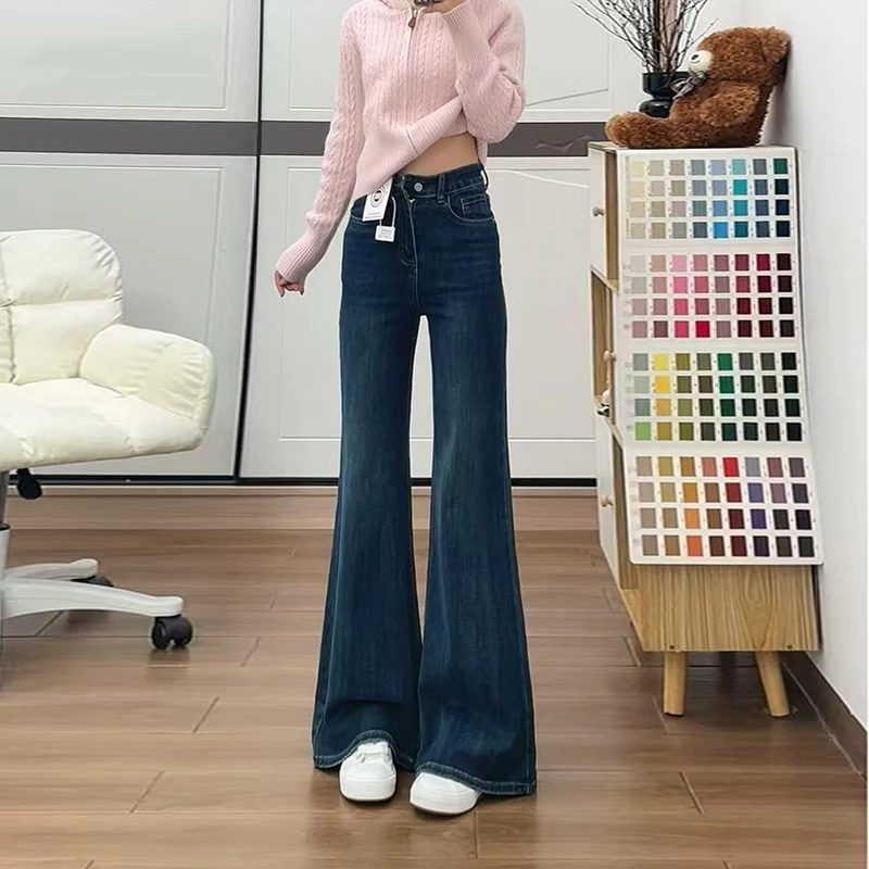 加绒复古蓝高腰微喇牛仔裤女冬季2025新款不贴腿显瘦宽松喇叭裤子
