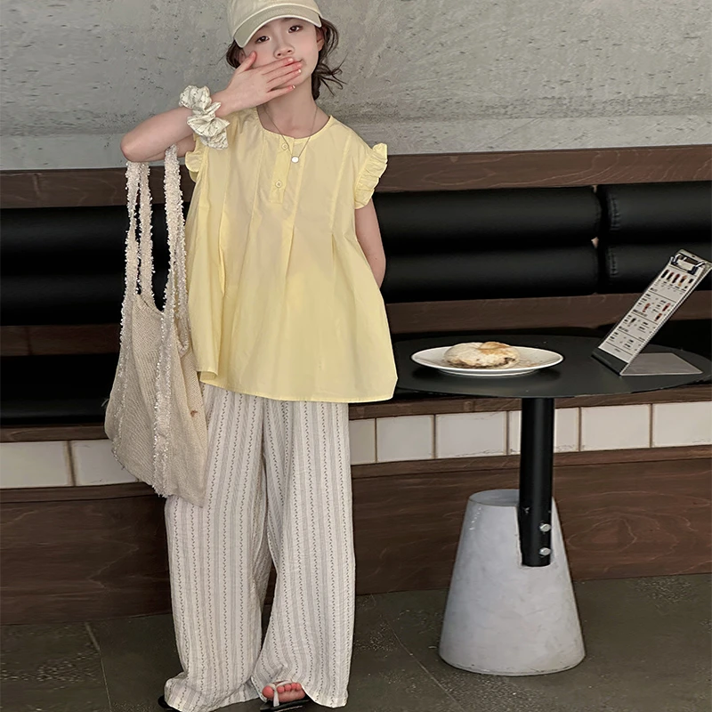 夏装休闲休闲风纯色时髦阔腿衬衫潮流夏季甜美女薄款套装元气