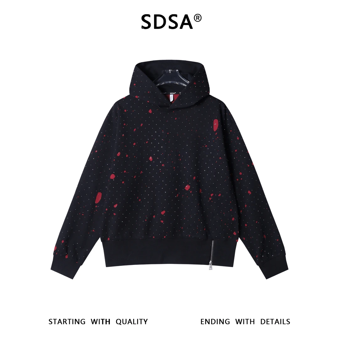 SDSA秋冬新款痞帅男装潮牌烫钻撞色割破连帽卫衣下摆拉链设计百搭