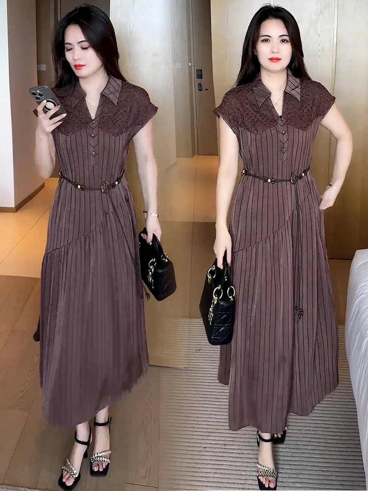条纹连衣裙女2025夏季新款洋气质收腰显瘦蕾丝拼接中长款减龄裙子