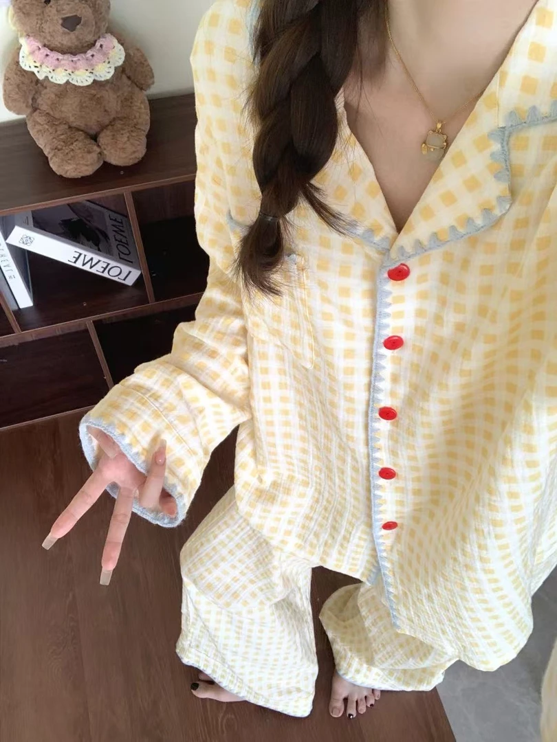 ins风春秋季大码黄色格子睡衣女长袖两件套云朵绵新款宽松家居服