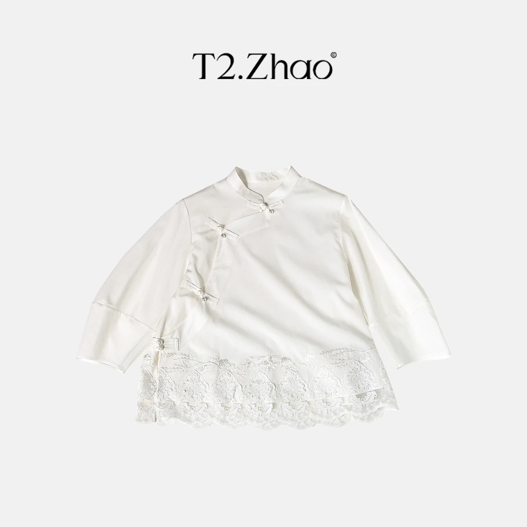 T2.ZHAO [逸致华服] 复古立领蕾丝下摆衬衣6400