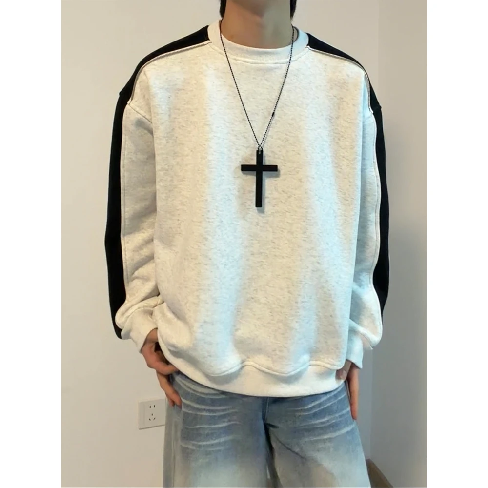 拼接拉链重磅卫衣男女款秋冬季加绒加厚情侣装圆领打底衫外套潮牌