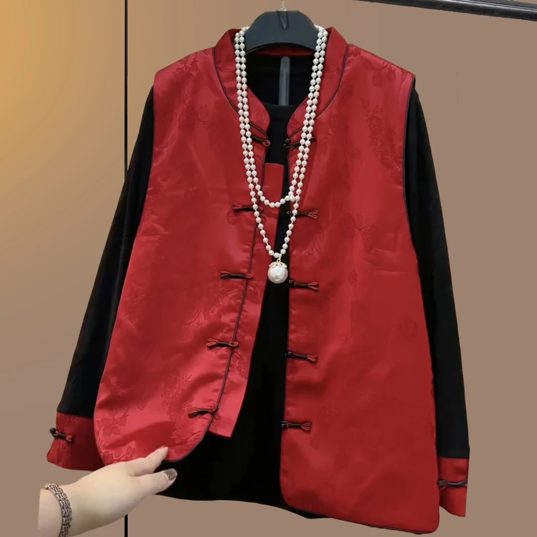 秋冬季大码女装胖妹妹国风盘扣复古新中式刺绣显瘦宽松红色套装