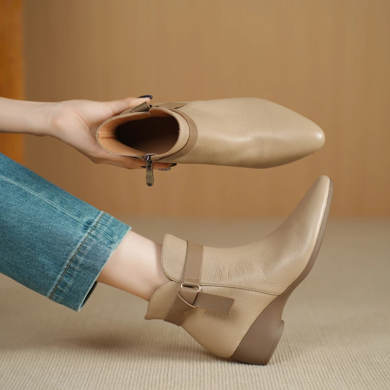 跟高4.5厘米坡跟法式粗跟秋冬季加绒真皮短靴单靴复古羊皮女靴子