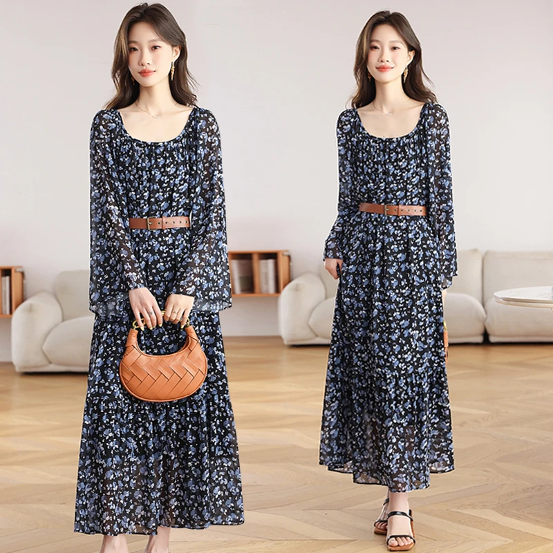 实拍朱珠同款法式复古长袖雪纺连衣裙女秋季度假显瘦气质碎花长裙