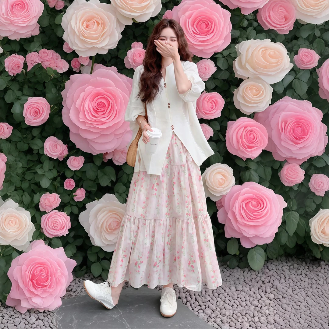 夏季新款法式高级感气质白色泡泡袖衬衫碎花半身裙独特漂亮套装女