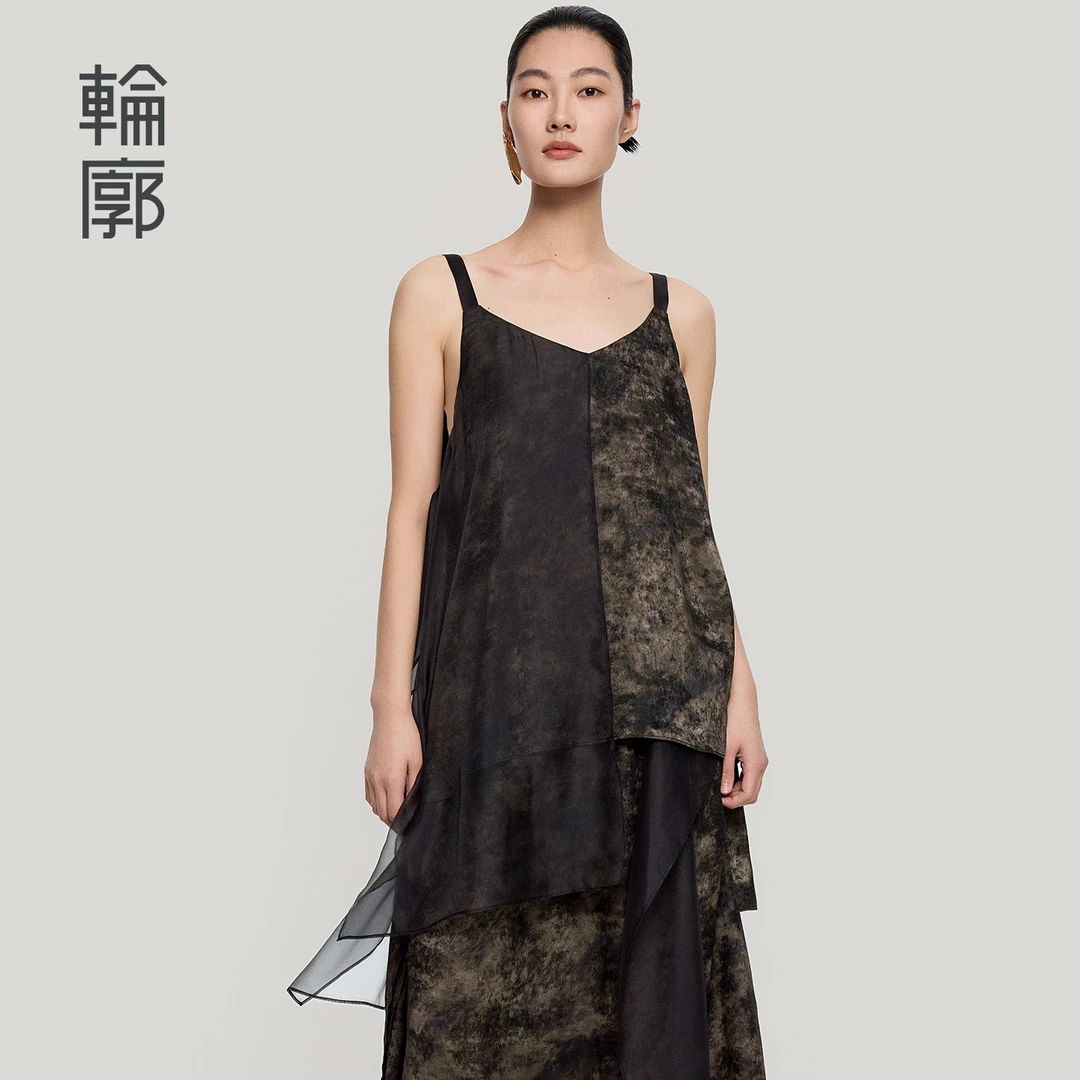 轮廓石岩吊带背心V领设计感简约拼接不对称时尚艺术上衣L252Y032