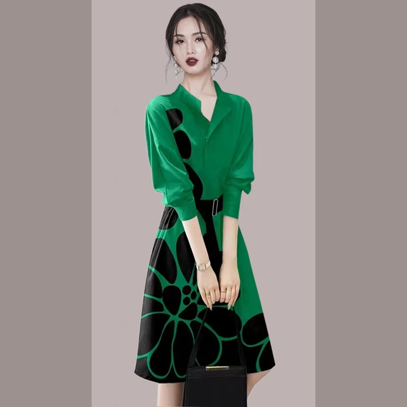 高级感长袖绿色连衣裙春季2025新款女气质收腰衬衫裙子