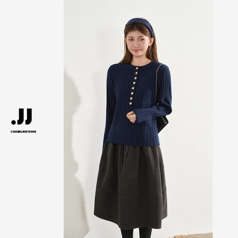 H1810【夕时霞光】超绝质感纽扣半开设计慵懒套头毛针织长袖上衣女