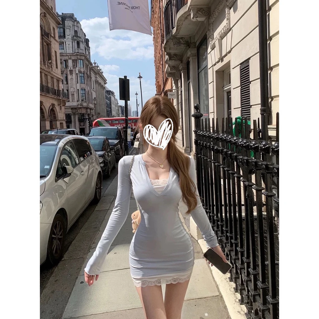 性感辣妹修身长袖针织连衣裙套装女设计感蕾丝吊带包臀短裙子秋季