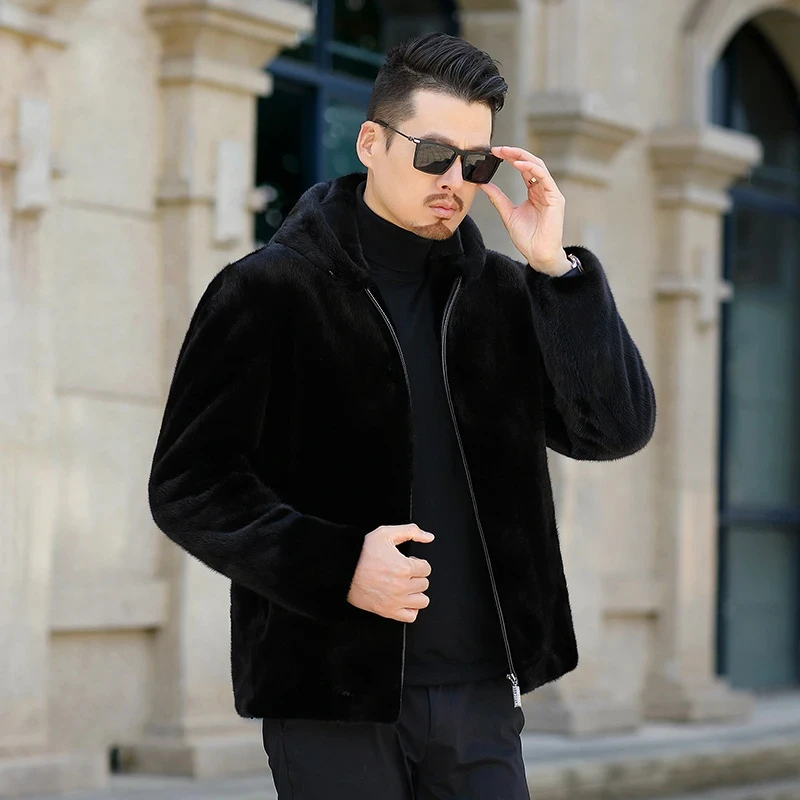 【正品】海宁男士休闲夹克潮流保暖外套毛冬季立领带帽皮款加厚黑色