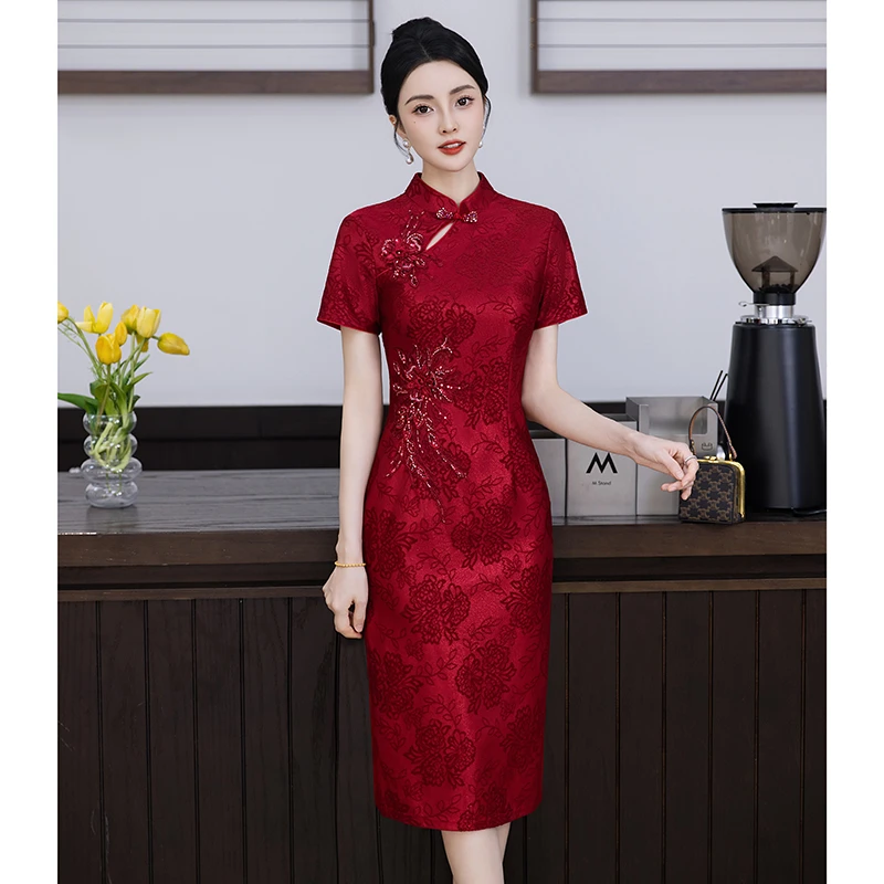 中式立领短袖旗袍夏季婚服妈妈装喜婆婆喜妈妈礼服2025新款爆款
