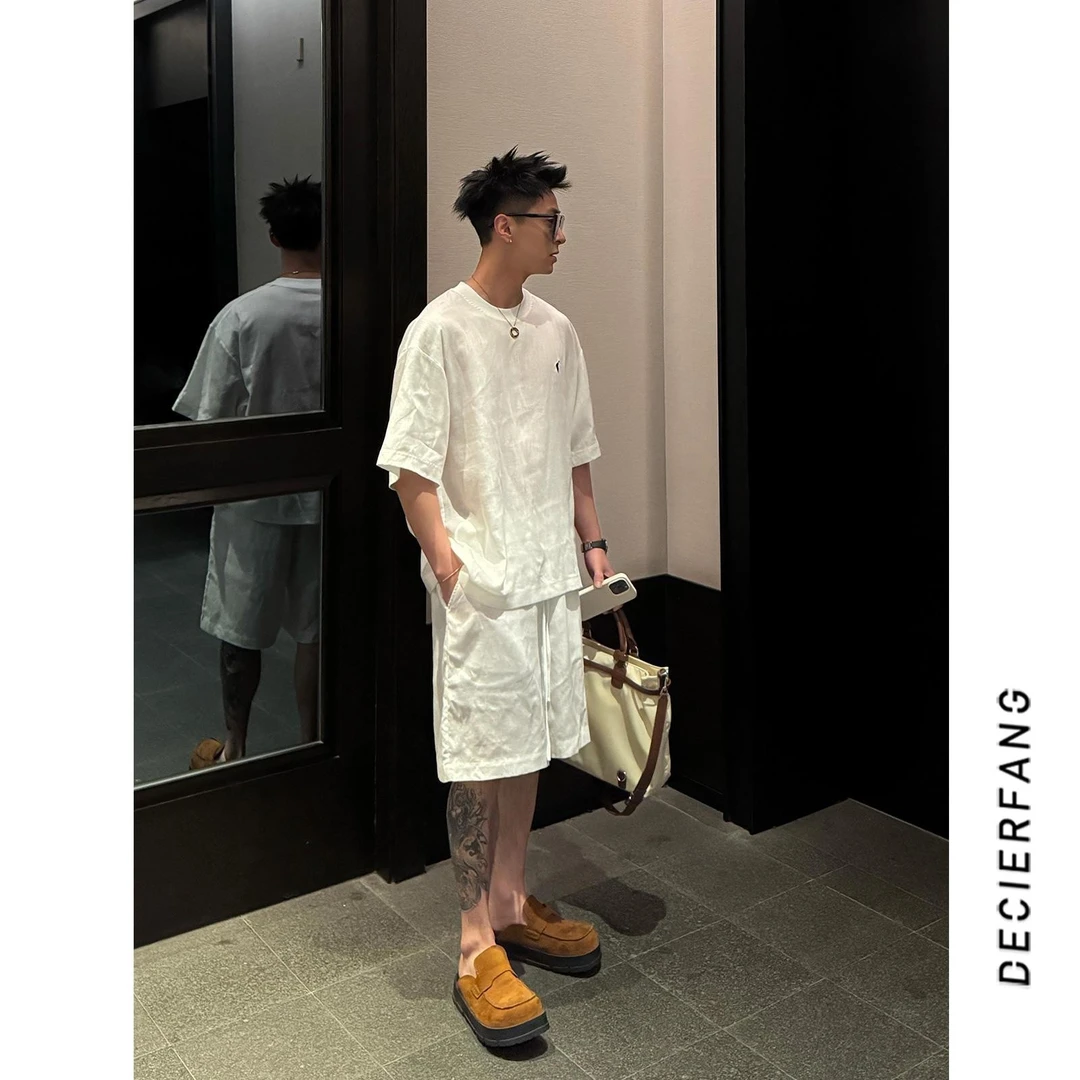 【亚麻套装】25夏日老钱风小标极简天丝亚麻贵气短袖短裤套装男潮流