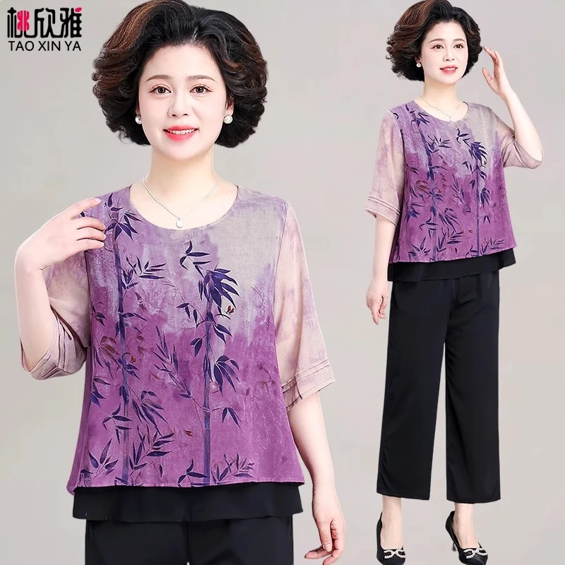 中年妈妈夏装雪纺衫短袖小衫套装2025新款中老年女春夏上衣两件套