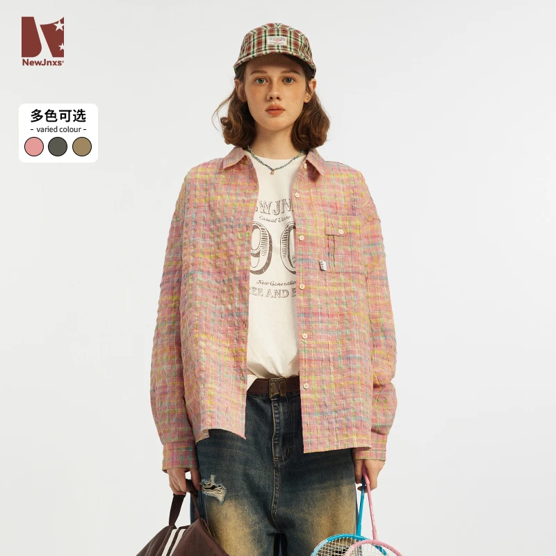 藤原不卖豆腐美式复古泡泡纱翻领格子衬衫短袖宽松外套JN43D06