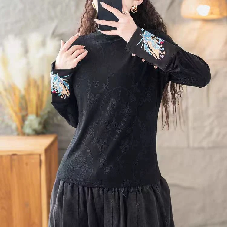 新中式女装刺绣长袖打底衫上衣妈妈装时尚气质提花