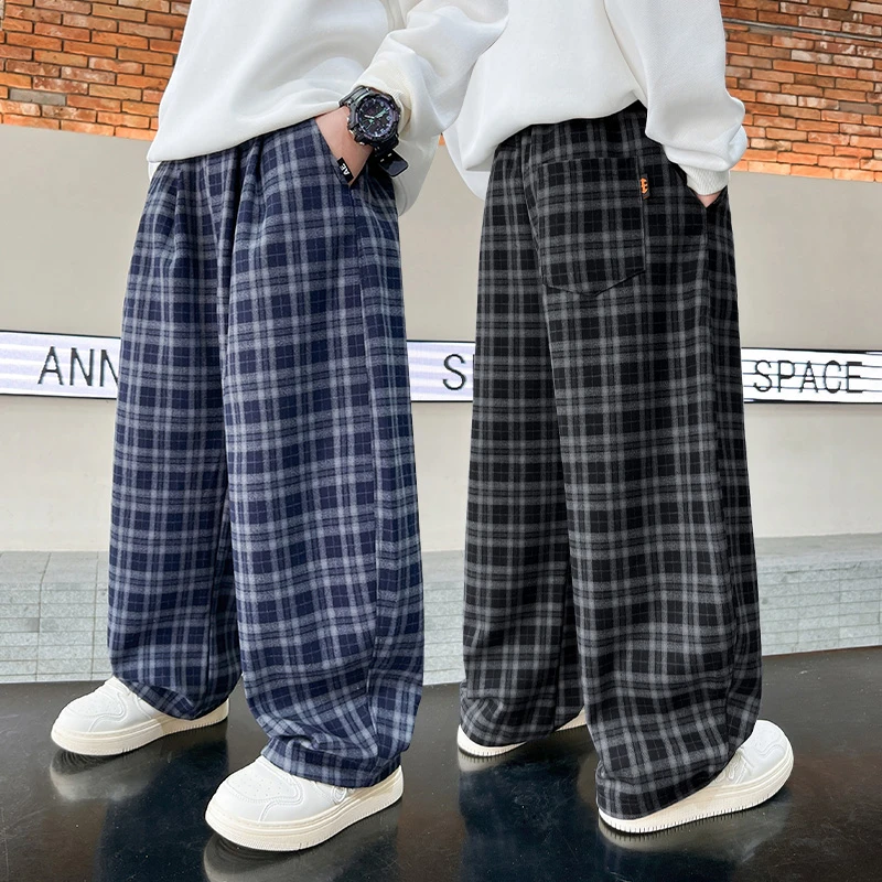 男童格子裤长裤春秋款2025新款中大童儿童直筒阔腿休闲裤秋装潮