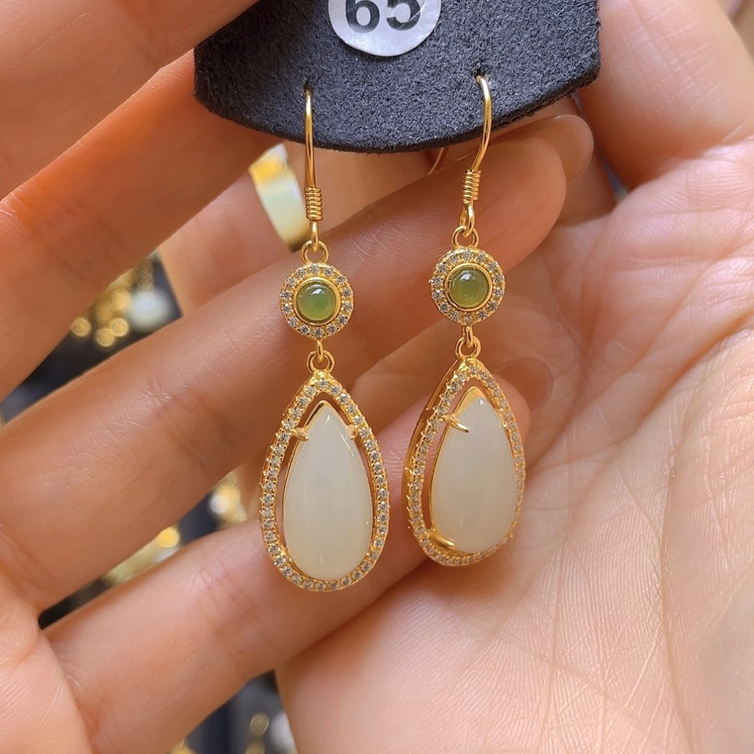 和田玉银S925镀金镶嵌耳饰