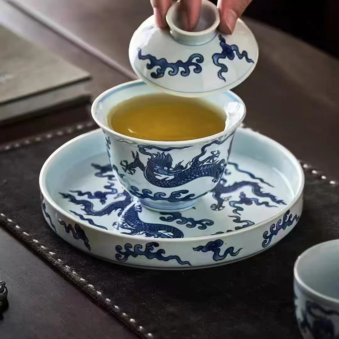 念兮堂中式手工复古青花手绘釉下满绘瑞龙三才盖碗大号壶承0350