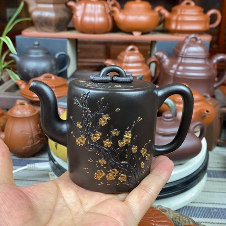 茶壶紫砂双圈240cc原矿赵庄朱泥捂灰、堆花描金工艺