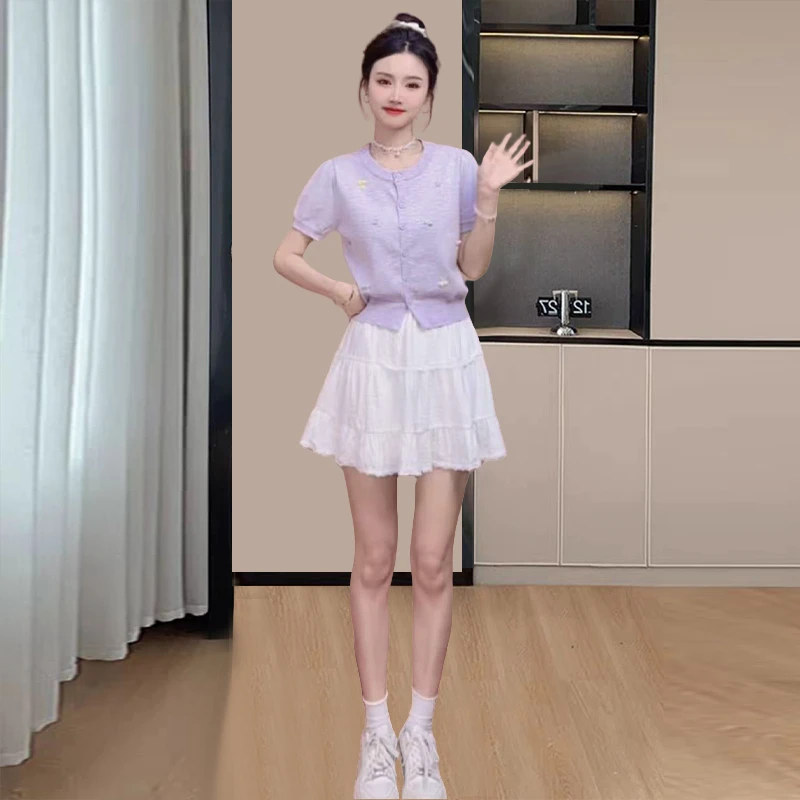 休闲文艺风套装女2025年夏季新款气质百搭显瘦遮肉上衣半裙两件套