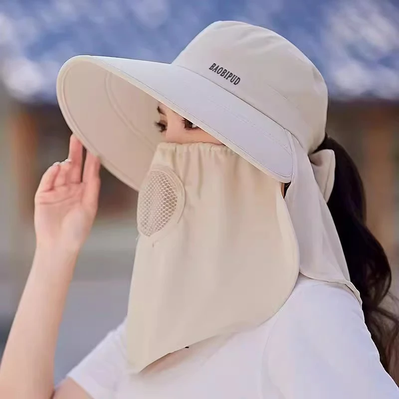 新款女防晒帽紫外线墨镜大檐透气全遮脸口罩太阳帽采茶户外遮阳帽
