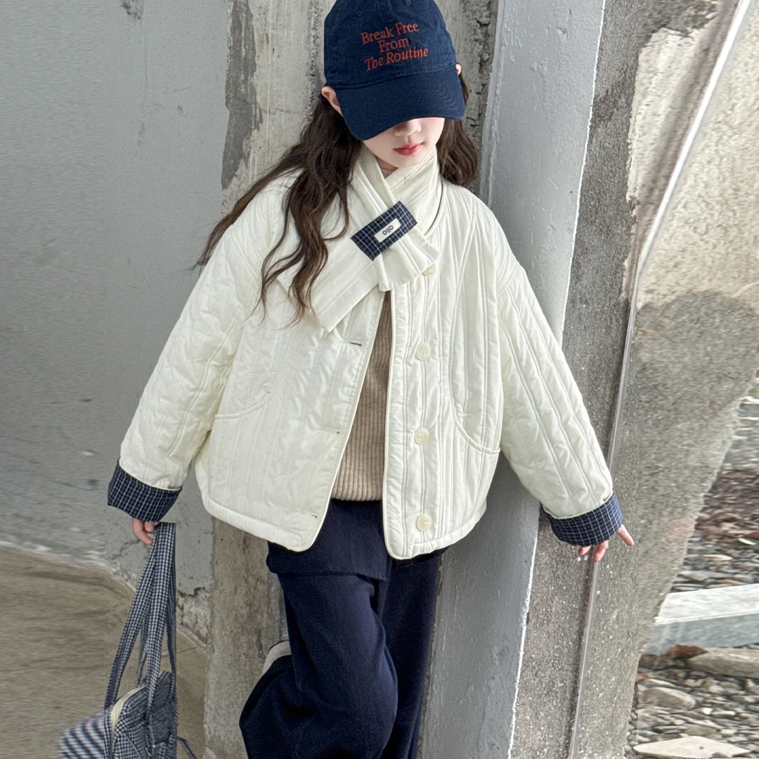 女童夹棉外套秋冬2025新款初中生格子拼接棉服保暖轻薄洋气棉袄潮