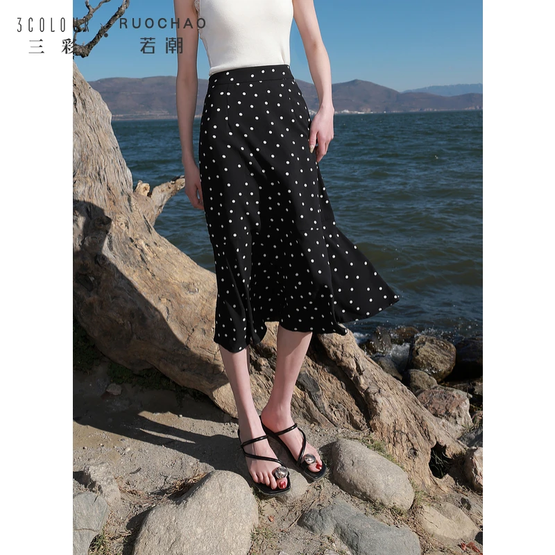 三彩大码女装2025夏秋季新款高腰半身裙波点鱼尾裙藏肉中长胖MM