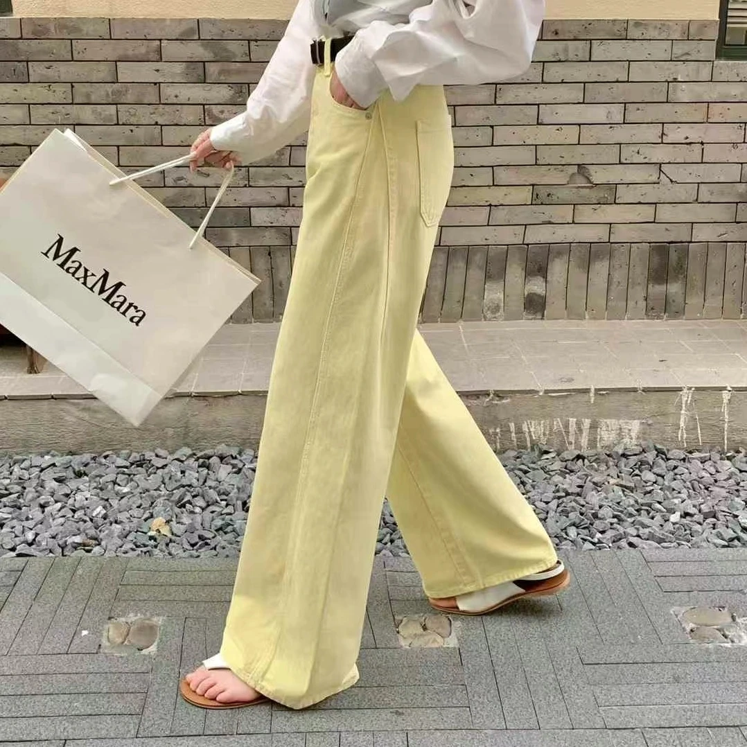 黄色洗水棉阔腿裤高腰显瘦宽松垂感常直筒休闲裤女春秋款