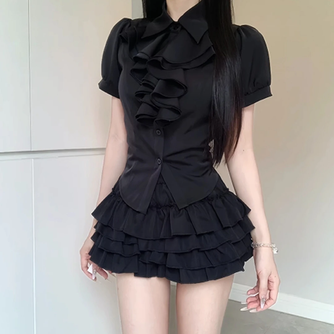 设计感宫廷风女夏季泡泡袖衬衫搭配蓬蓬蛋糕裙套装时尚一整套穿搭