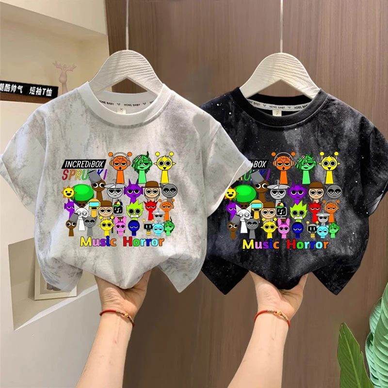 节奏Sprunki盒子男童夏季儿童短袖新款音乐纯棉扎染半袖亮片上衣t