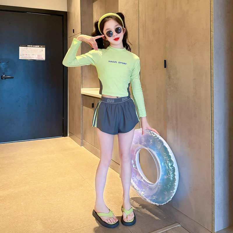 轻奢爆款专业泳衣儿童女孩新款长袖防晒分体泳装女童中大童带胸垫