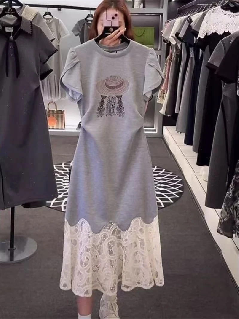 【帽影蕾丝】夏季新款轻奢百搭时尚设计师接拼休闲显瘦连衣裙