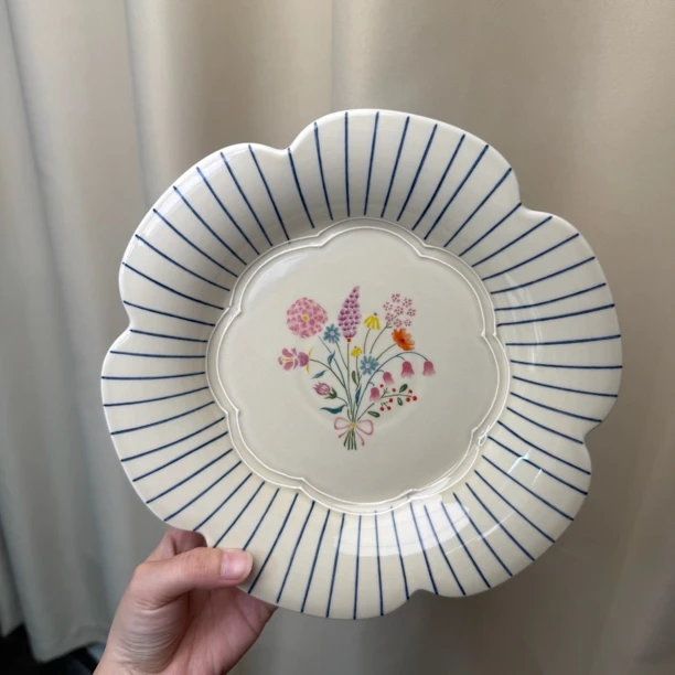 家用高脚汤盘复古陶瓷汤盘日式汤盘圆盘高颜值餐具菜盘早餐9英寸