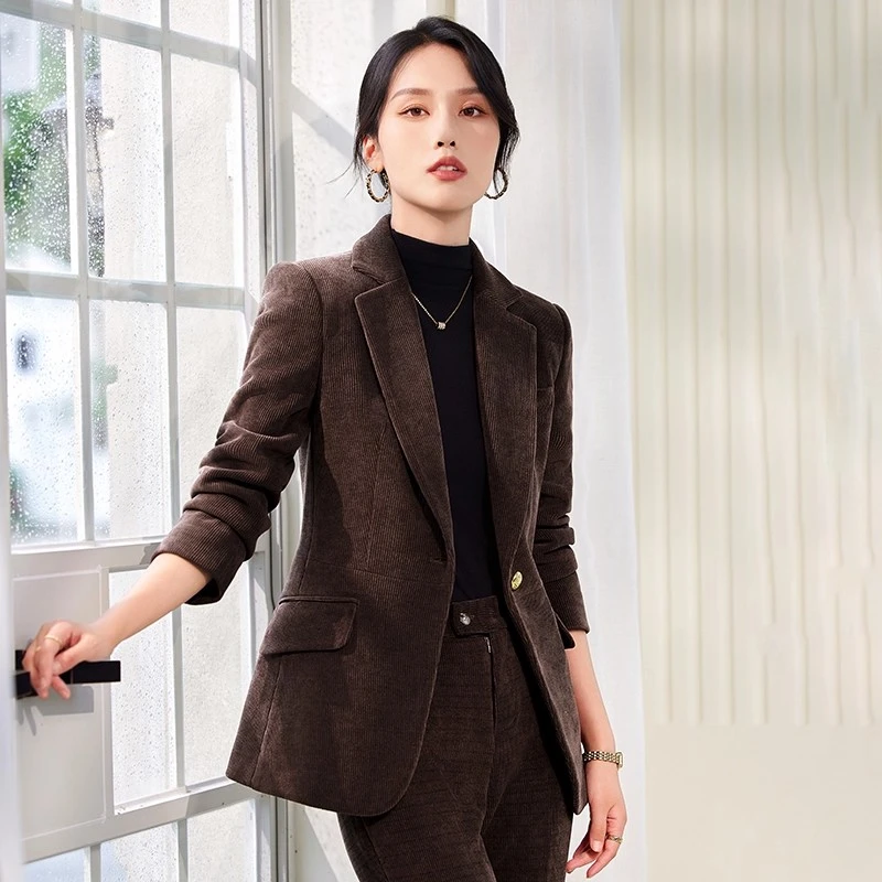 赫本风法式西装外套女士灯芯绒条纹西装气质女神范修身西装套装