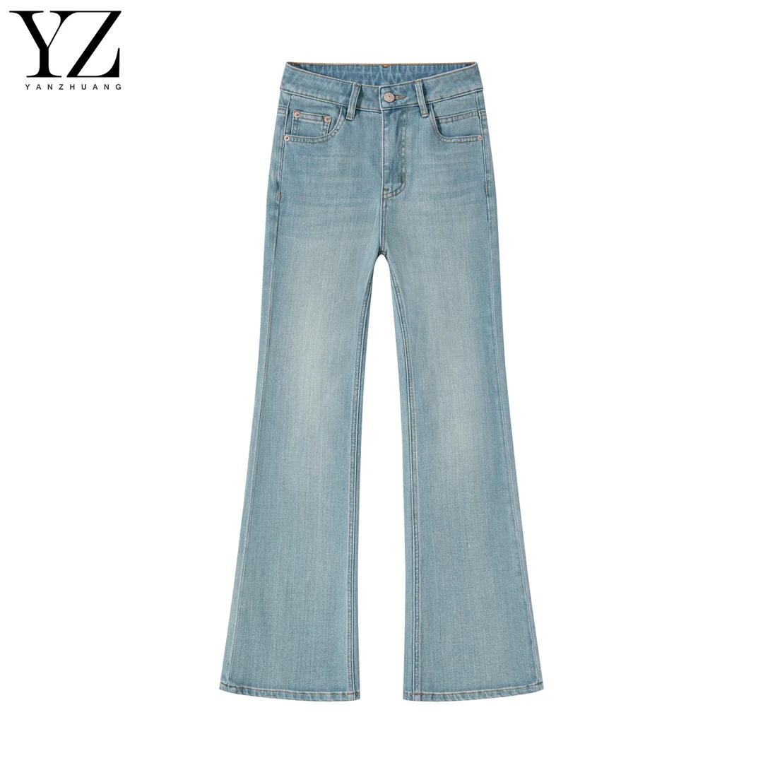 秋季欧若风玛瑙绿四面弹【筒喇裤】百搭浅色牛仔裤女直筒喇叭裤