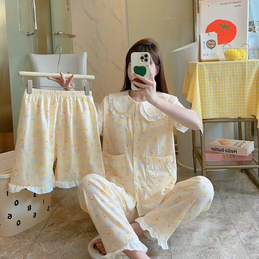 厨师黄油饼饼睡衣女夏季新款日系娃娃领云朵棉卡通可爱家居服三件