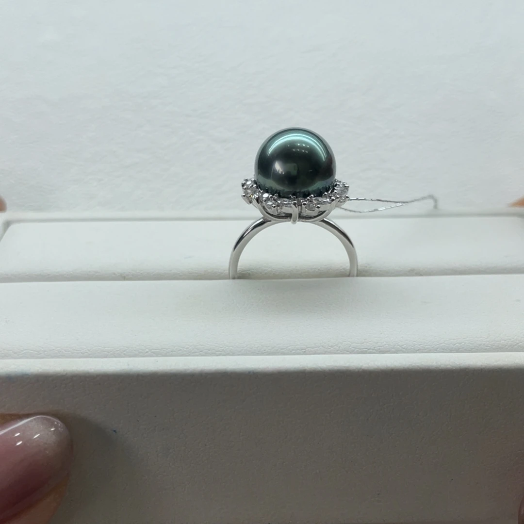 银S925镶嵌戒指海水珍珠大溪地孔雀绿11-12m m