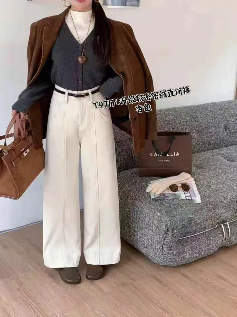 加绒常规慵懒风休闲风阔腿裤直筒裤egg裤子牛仔裤9717