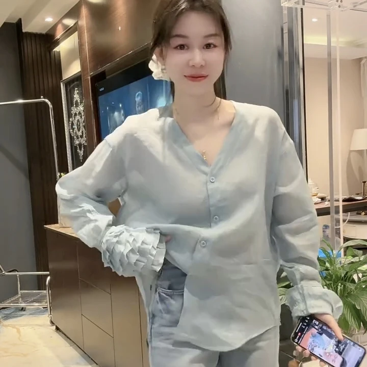 春夏季亚麻纯色衬衫显瘦衬衣长袖休闲百搭宽松设计感透气防晒上衣