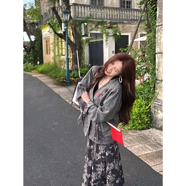 【赵小小&巴黎左岸】8822 小香风混色格纹拼接肌理感宽松外套女