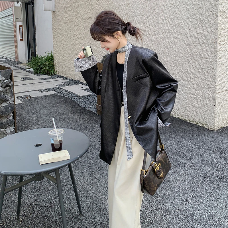 设计感黑色复古港风皮衣女2025春秋新款撞色拼接系带酷飒夹克外套