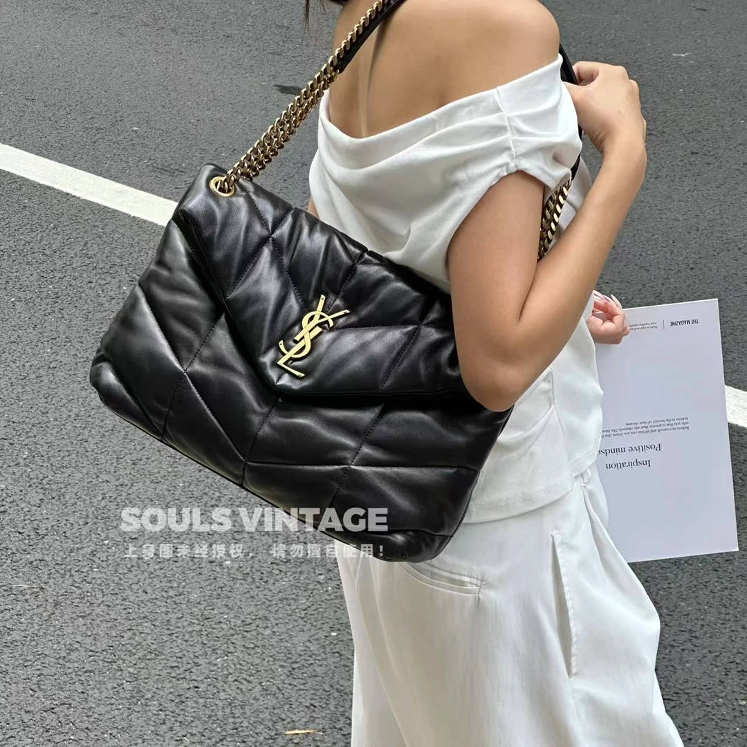 95新 YSL/圣罗兰 Ysl 黑金 羊皮 puffer云朵包 中号/651298243
